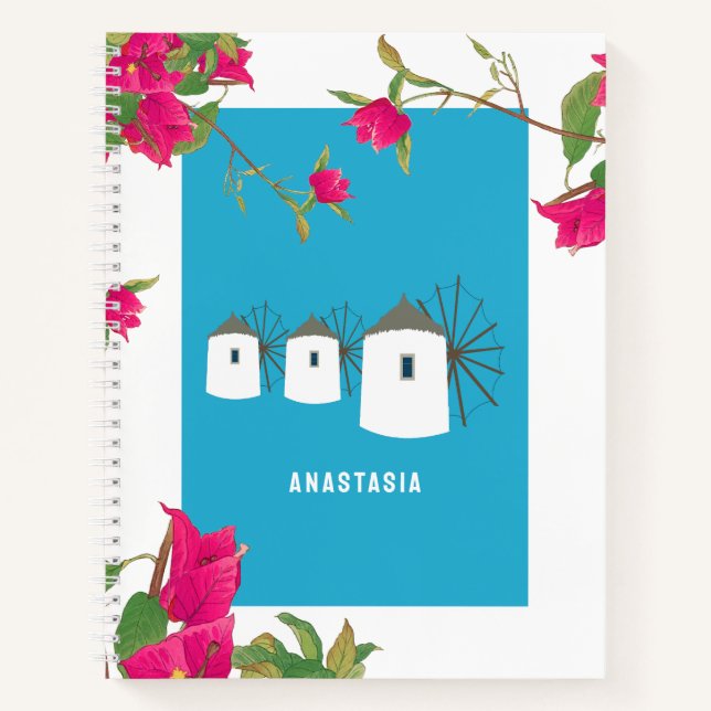 Griechenland Bougainvillea Griechische Insel Windm Notizbuch (Vorderseite)