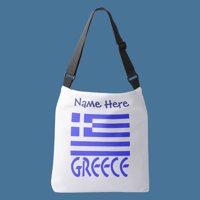 Griechenland Flaggenblau - Personalisierung Tragetaschen Mit Langen Trägern (Personalized crossbody bag with Greek flag and word GREECE below in blue letters. Add name above.)