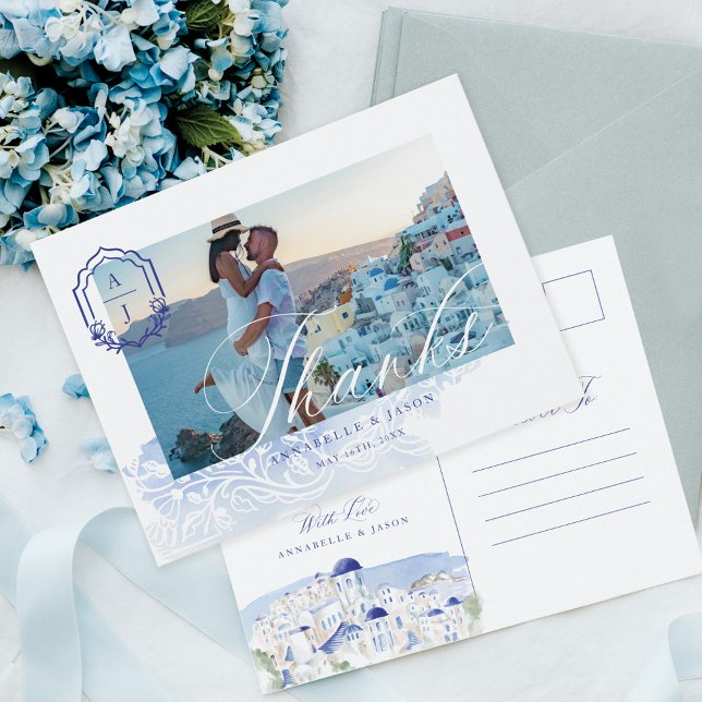 Griechenland Hochzeit Danke, dass Sie Script Monog Postkarte (Greece Wedding Thank You Script Monogram Photo Postcard)