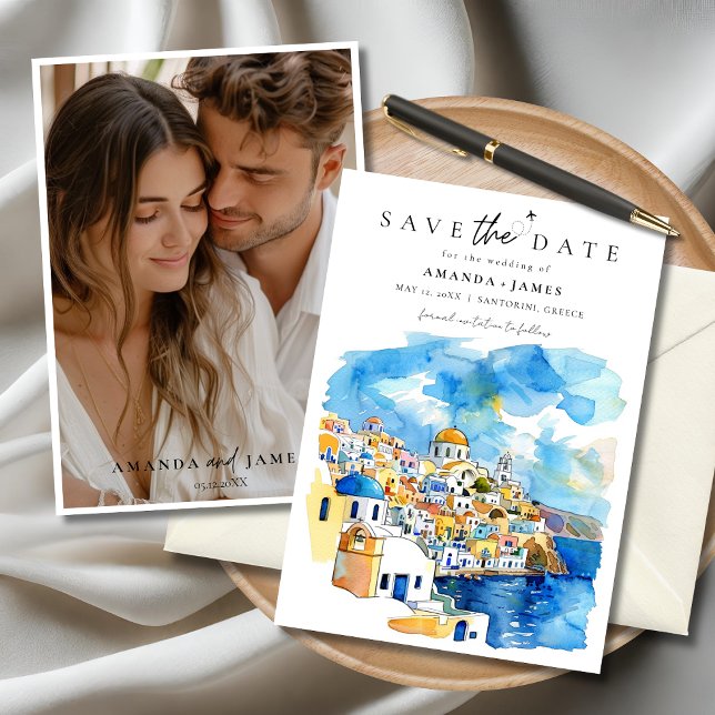 Griechenland Hochzeit in Urlaubsort Foto Save the  Einladung (Elegant Santorini wedding save the date card with custom couple photo and watercolor illustration)