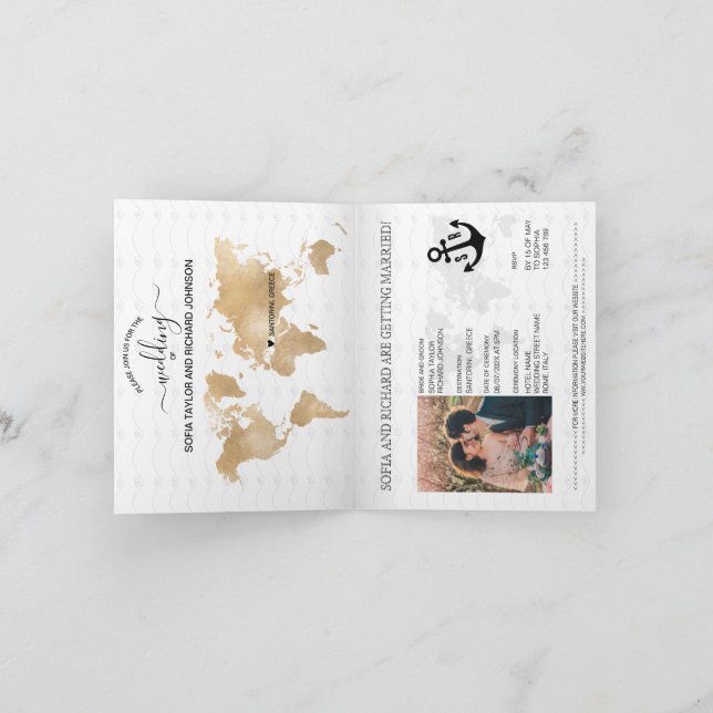 Griechenland Hochzeit in Urlaubsort Passport Map u Einladung (Innenseite)