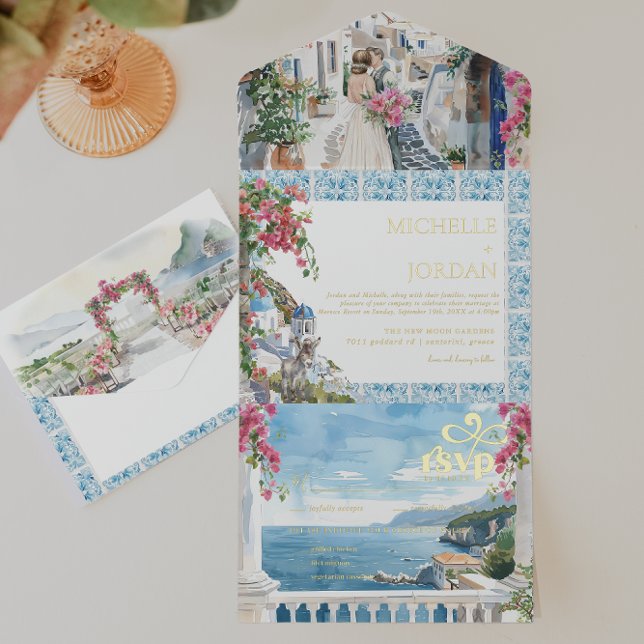 Griechenland | Illustrierte mediterrane Hochzeit All-in-One-Einladung (Von Creator hochgeladen)