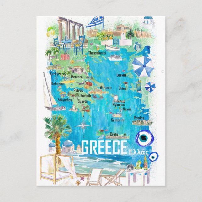 Griechenland Illustrierte Reisekarte im Mittelmeer Postkarte (Vorderseite)