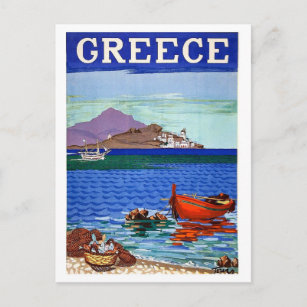 Griechenland, Küste, Fischerboot im Wasser, Vintag Postkarte