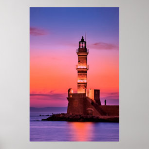 Griechenland Leuchtturm in der Nacht Poster