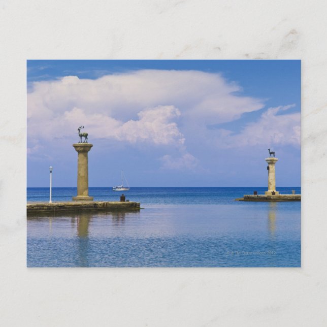Griechenland, Rhodes, Hirschstatue im Hafen von Ma Postkarte (Vorderseite)