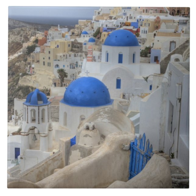 Griechenland, Santorini. Glockenturm und blaue Kup Fliese (Vorderseite)