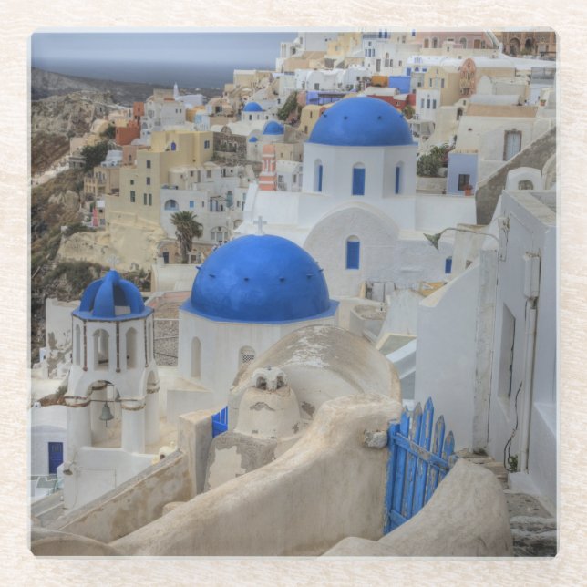 Griechenland, Santorini. Glockenturm und blaue Kup Glasuntersetzer (Vorderseite)