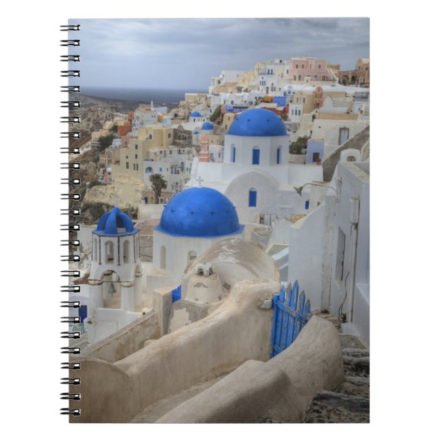 Griechenland, Santorini. Glockenturm und blaue Kup Notizblock (Vorderseite)