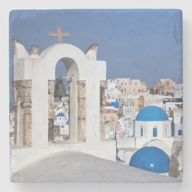 Griechenland, Santorini. Glockenturm und blaue Kup Steinuntersetzer (Vorderseite)