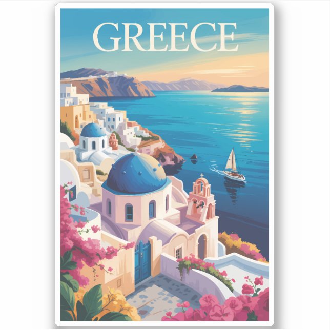 Griechenland Santorini Illustration Travel Art Vin Aufkleber (Vorderseite)