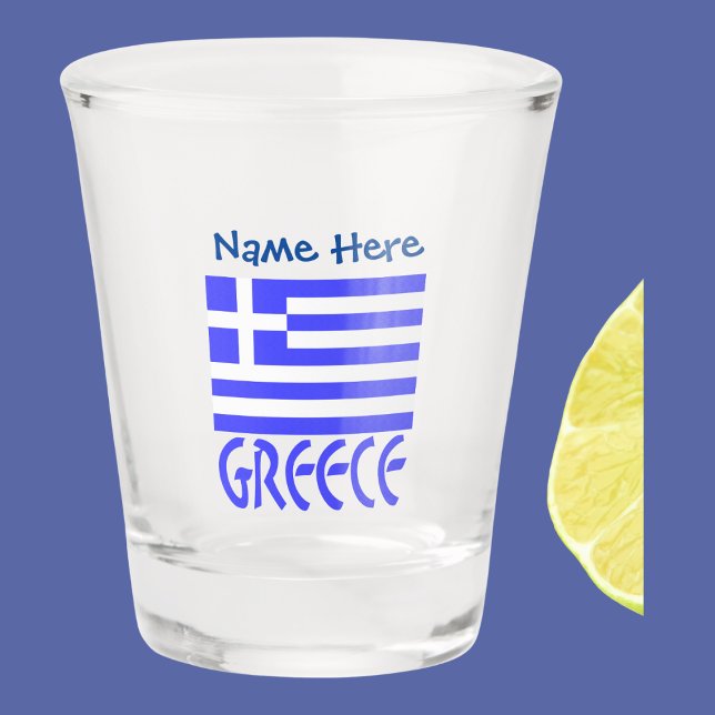 Griechenland und die griechische Flagge - Blaue Pe Schnapsglas (Greek flag on a shot glass with the word GREECE underneath in blue letters. Add s name above.)
