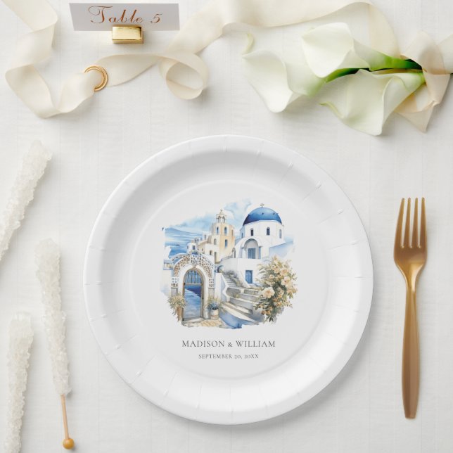 Griechenland Wasserfarben Personalisierte Minimale Pappteller (Hochzeit)