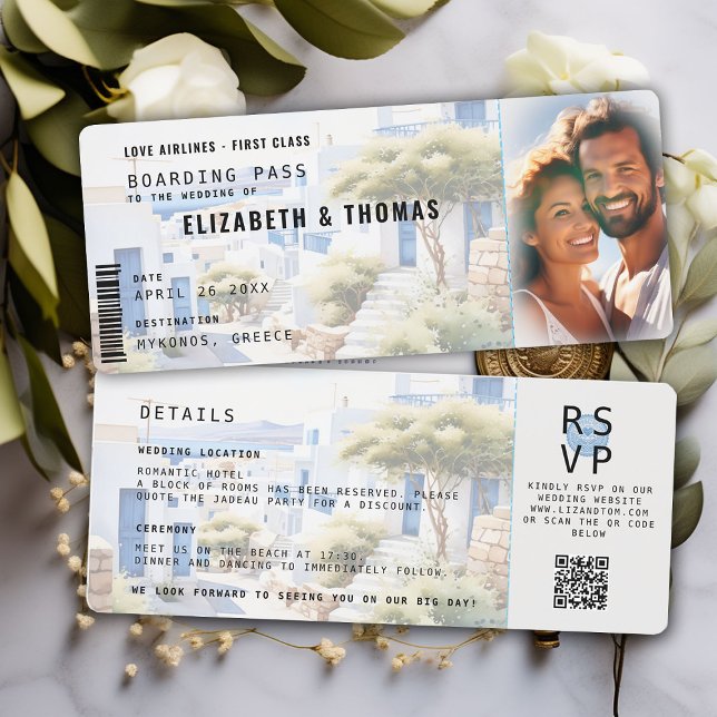 Griechenland Ziel Boarding Pass Foto Hochzeit Einladung (destination wedding invitation mykonos greek islands boarding pass photo white blue photo elegant )