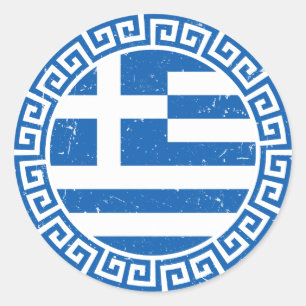 Griechenlandflagge mit griechischem Schlüsselmuste Runder Aufkleber