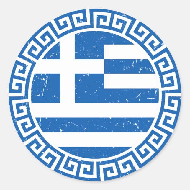 Griechenlandflagge mit griechischem Schlüsselmuste Runder Aufkleber (Vorderseite)