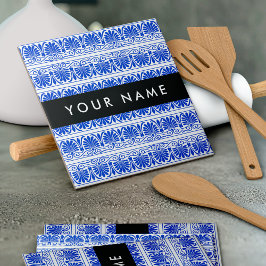 Griechisch Fret Arabesque Blue, Ihr Name, personal Fliese