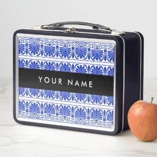 Griechisch Fret Arabesque Blue, Ihr Name, personal Metall Brotdose