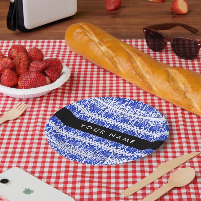 Griechisch Fret Arabesque Blue, Ihr Name, personal Pappteller (Picknick)
