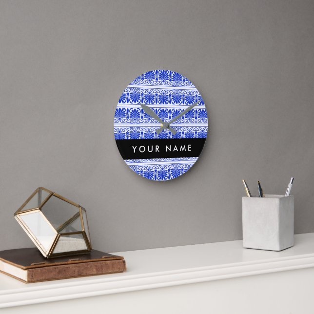 Griechisch Fret Arabesque Blue, Ihr Name, personal Runde Wanduhr (Büro)