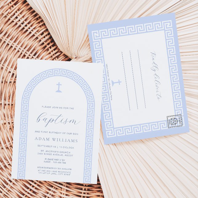 Griechisch Key White Blue Taufe Einladung Postkart Postkarte (Baptism Invitation Postcard Greek Key White Blue )