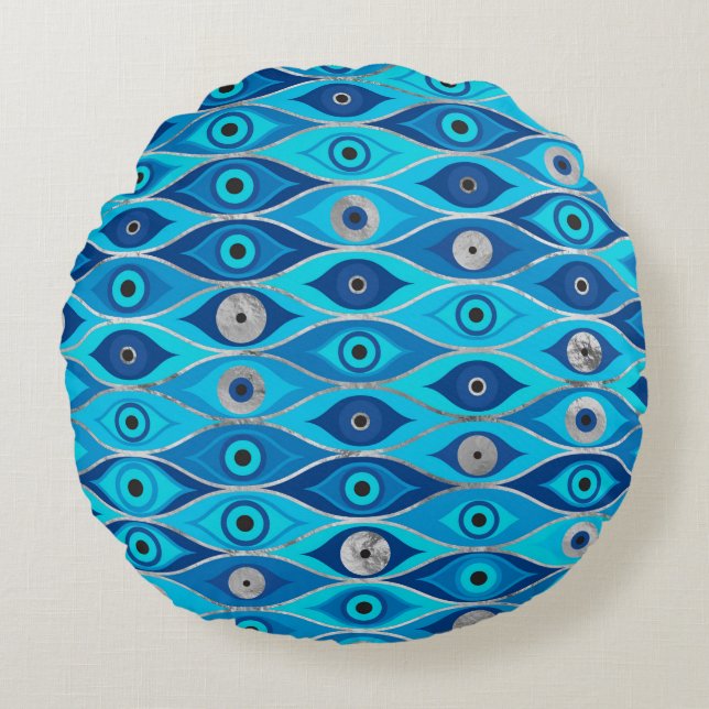 Griechisch Mataki - Matiasma Evil Eye Muster Rundes Kissen (Vorderseite)