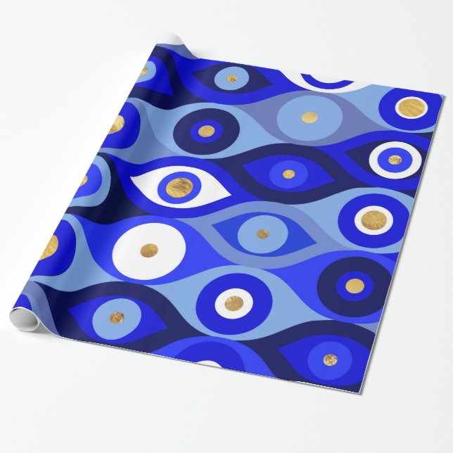 Griechisch Mati Mataki - Matiasma Evil Eye Blues Geschenkpapier (Ungerollt)