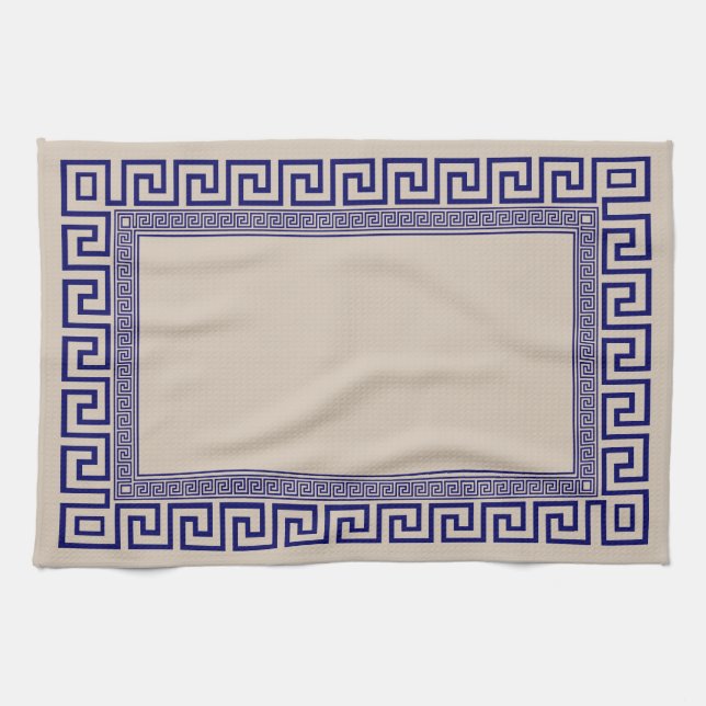Griechisch Meander - griechischer Schlüssel - Blau Geschirrtuch (Horizontal)
