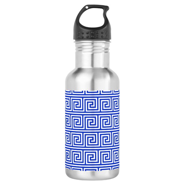Griechisch Meander Key Squares Muster Blau Edelstahlflasche (Vorderseite)