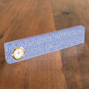 Griechisch Meander Key Squares Muster Blau Namensplakette