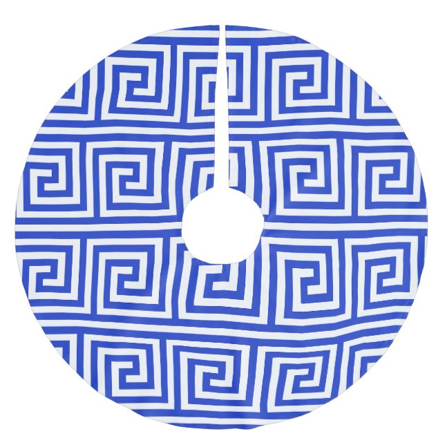 Griechisch Meander Key Squares Muster Blau Polyester Weihnachtsbaumdecke (Vorderseite)