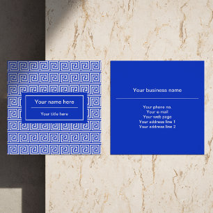 Griechisch Meander Key Squares Muster Blau Quadratische Visitenkarte