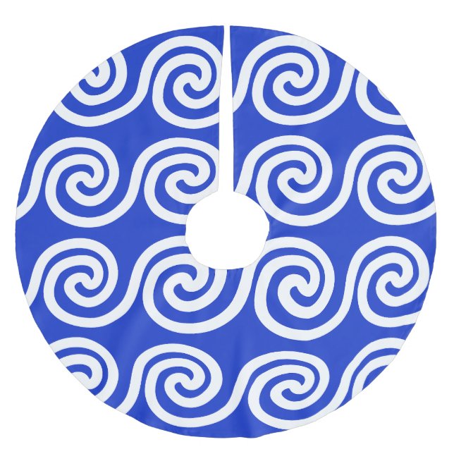 Griechisch Meander Key Waves Muster blau Polyester Weihnachtsbaumdecke (Vorderseite)