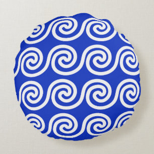 Griechisch Meander Key Waves Muster blau Rundes Kissen