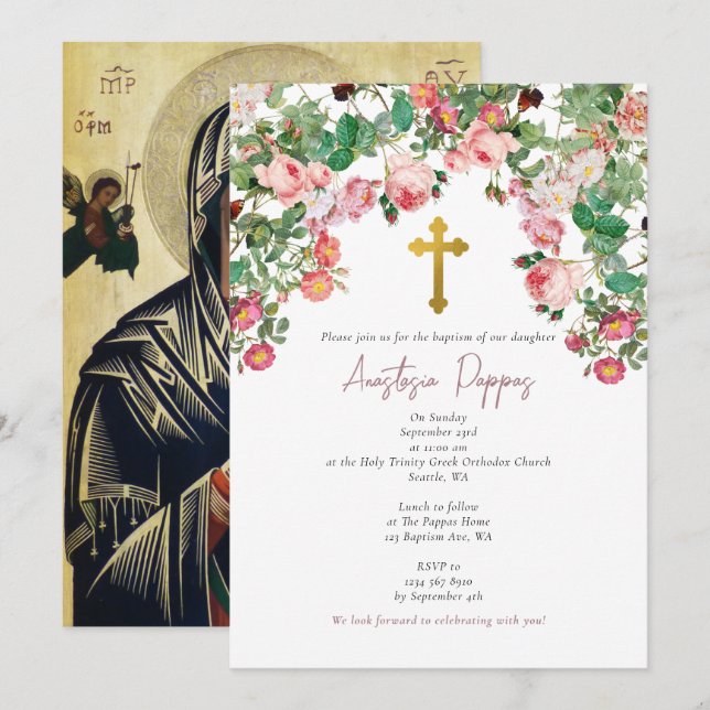 Griechisch-orthodoxe Christening BaptisGirl Einladung (Vorne/Hinten)