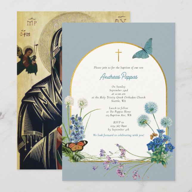 Griechisch-orthodoxe Christening Taufe Blaue Wildb Einladung (Vorne/Hinten)