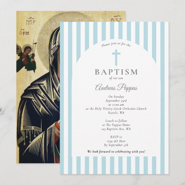 Griechisch-orthodoxe Christening Taufe Dusty Blue  Einladung (Vorne/Hinten)