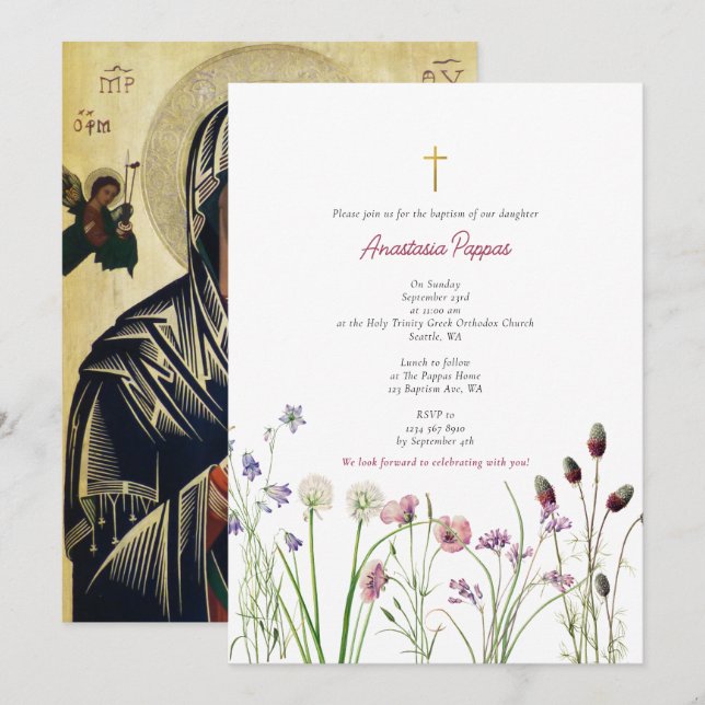 Griechisch-orthodoxe Christening Taufe Girl-Wildbl Einladung (Vorne/Hinten)