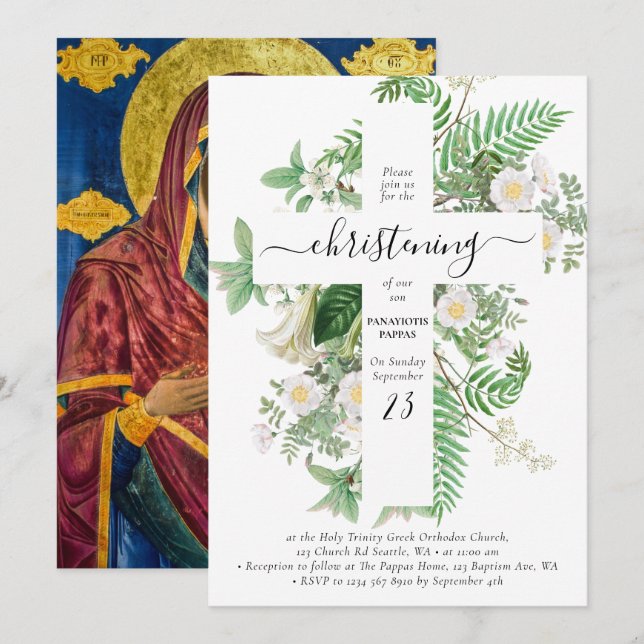 Griechisch-orthodoxe Taufe Christening Cross Green Einladung (Vorne/Hinten)