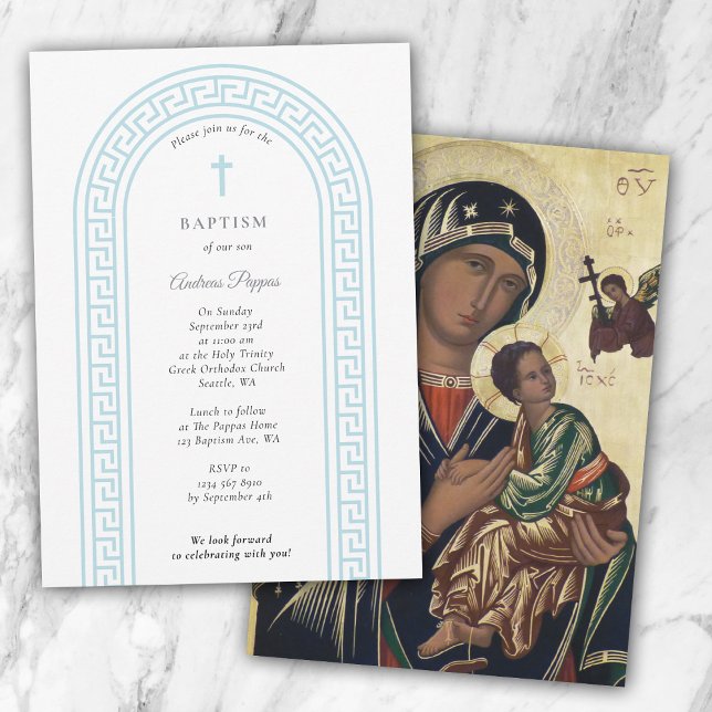 Griechisch-orthodoxe Weihnachtsfeier Taufe Blauer  Einladung (Greek Orthodox Christening Baptism Blue Greek Key Invitation)