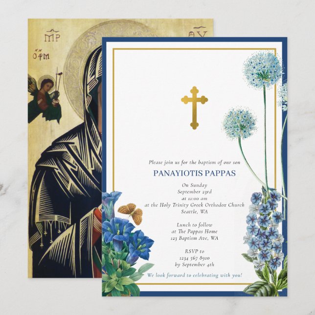 Griechisch-orthodoxe Weihnachtsfeier Taufe Boy Blu Einladung (Vorne/Hinten)