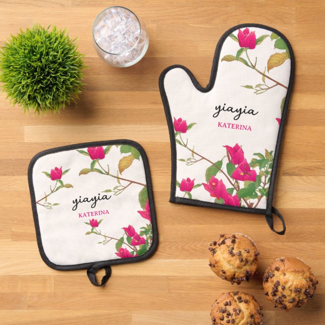 Griechisch Yiayia Griechische Großmutter Bougainvi Ofenhandschuh & Topflappen-Set (Oben Unten)