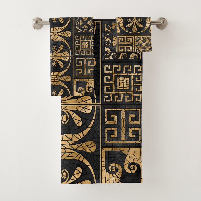 Griechisch zerbrochene Tile-Mosaik-Schwarz und Gol Badhandtuch Set (Insitu)