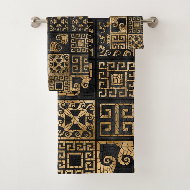 Griechisch zerbrochene Tile-Mosaik-Schwarz und Gol Badhandtuch Set (Insitu)