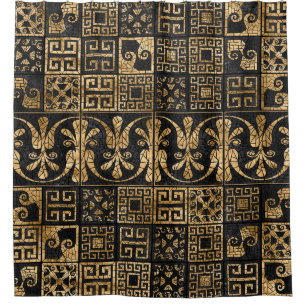 Griechisch zerbrochene Tile-Mosaik-Schwarz und Gol Duschvorhang