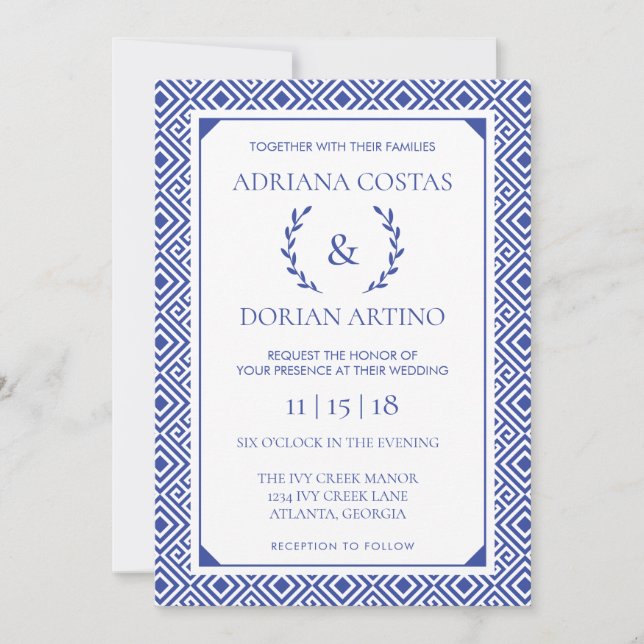 Griechische Elegance Wedding Einladung, blau Einladung (Vorderseite)