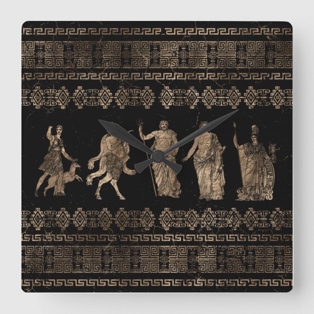 Griechische Gottheiten und Mäander-Schlüsselverzie Quadratische Wanduhr (Vorderseite)