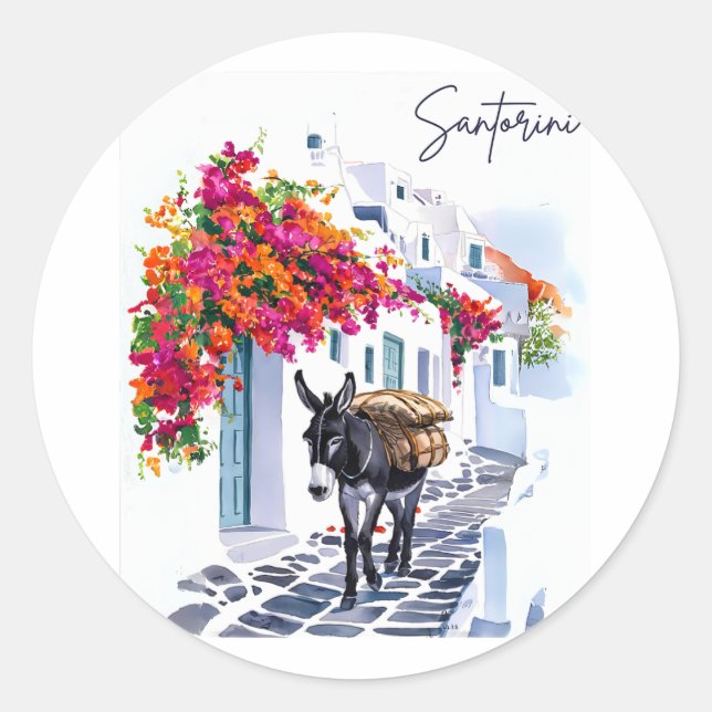 Griechische Insel Santorini Donkey im traditionell Runder Aufkleber (Vorderseite)