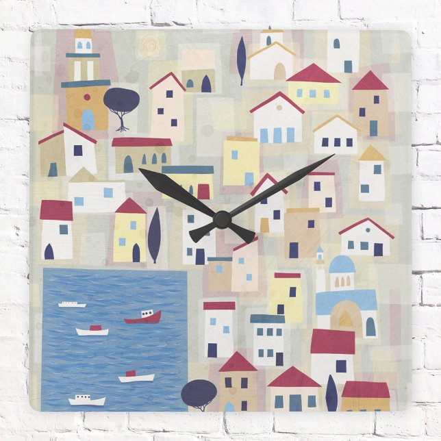 Griechische Stadt Moderne Gegenwart Quadratische Wanduhr (Halki Greece modern art clock)