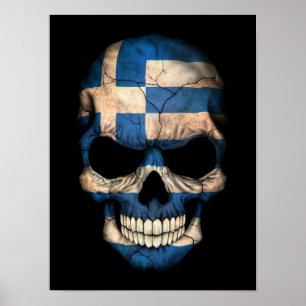 Griechischer Flaggen-Schädel auf Schwarzem Poster